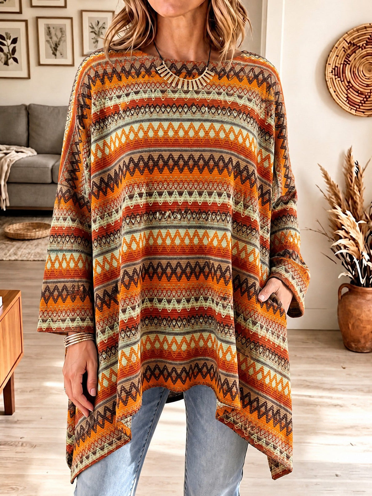 Boho Geometrisches Oversized Strick-Top