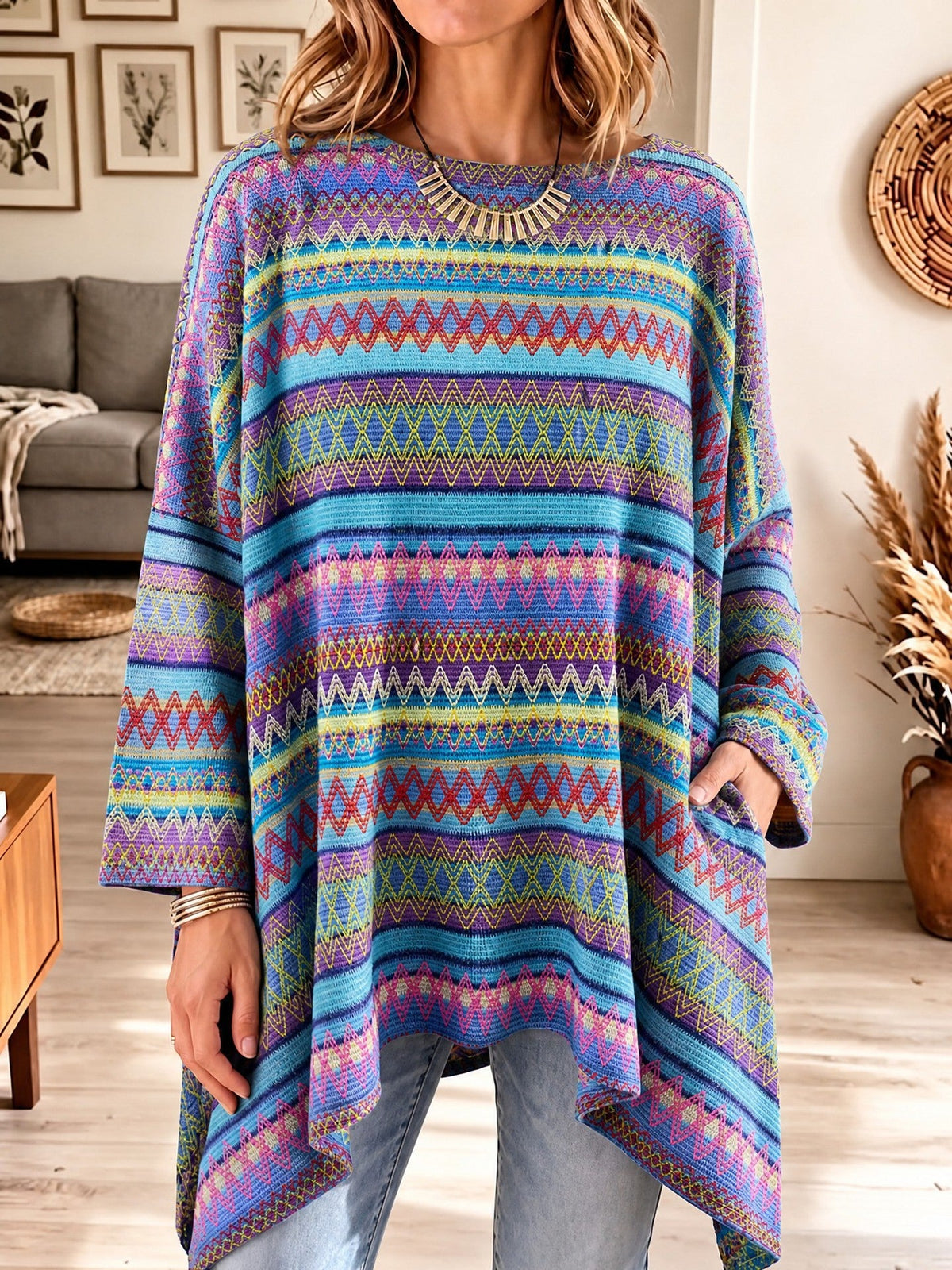 Boho Geometrisches Oversized Strick-Top