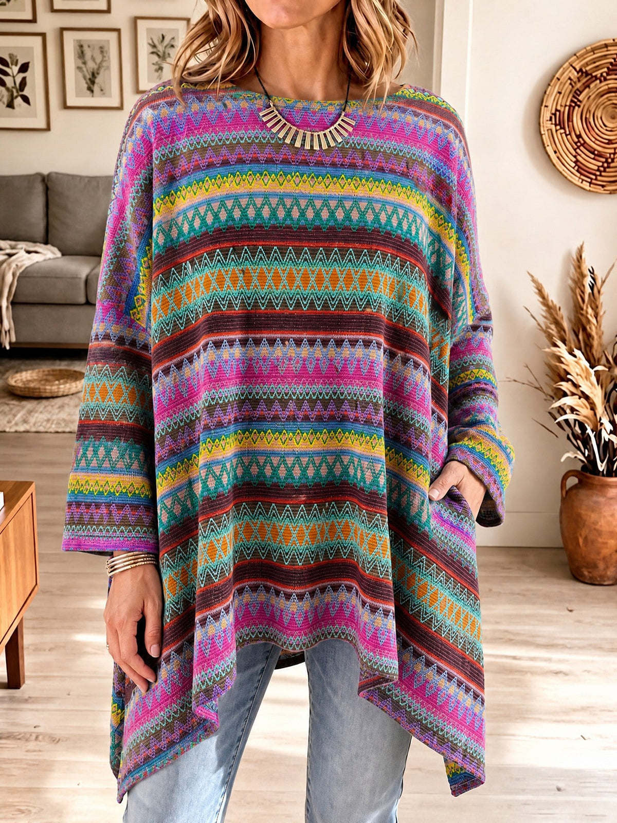 Boho Geometrisches Oversized Strick-Top