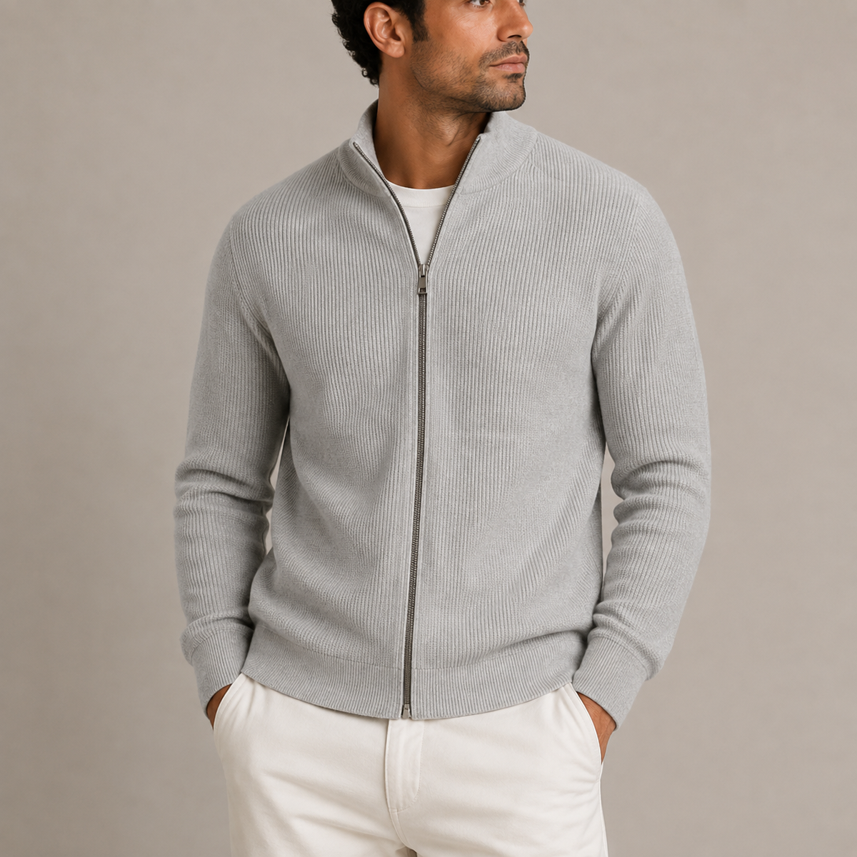 Herren Gerippte Zip Strickjacke – Vollständig durchgehender Reißverschluss mit Stehkragen