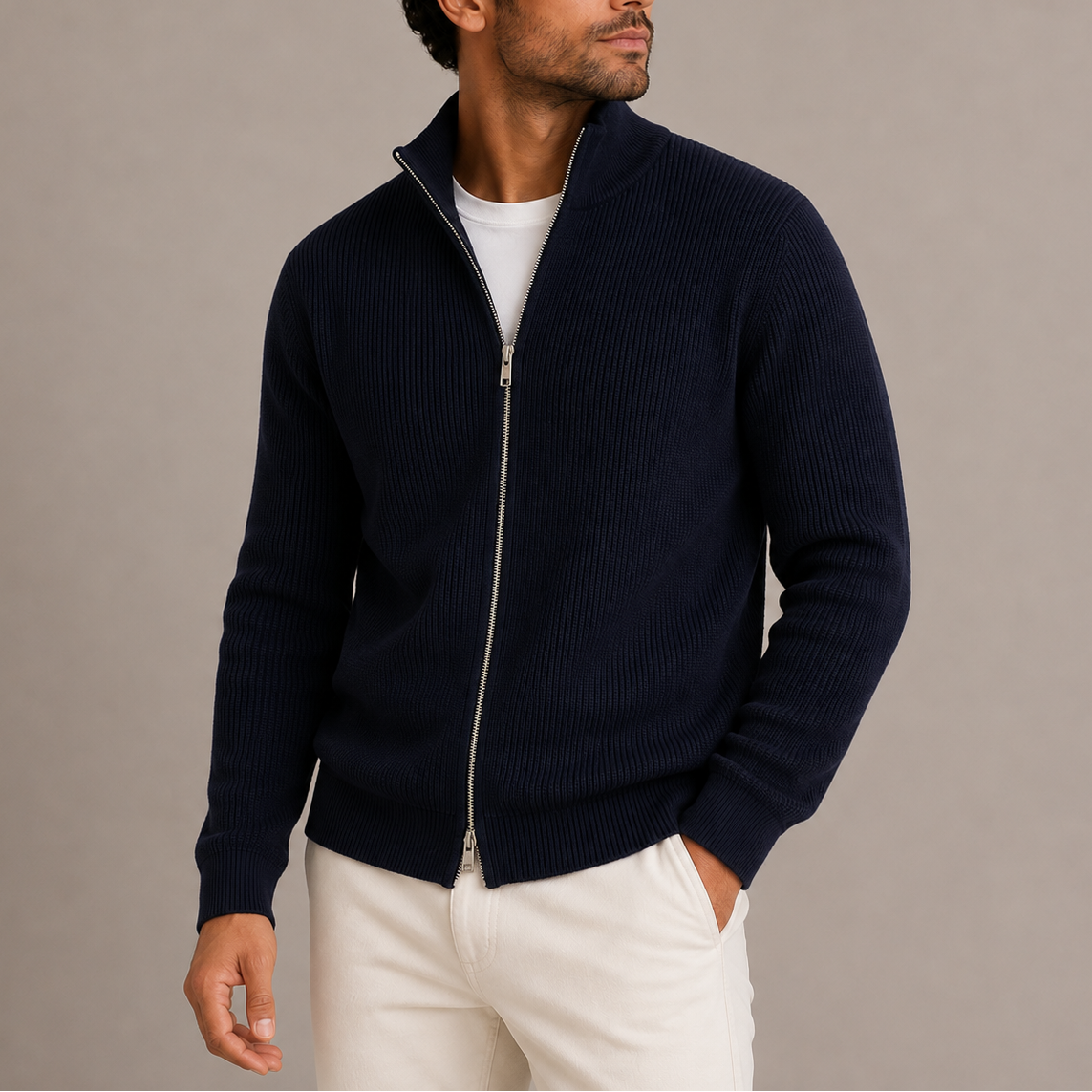 Herren Gerippte Zip Strickjacke – Vollständig durchgehender Reißverschluss mit Stehkragen