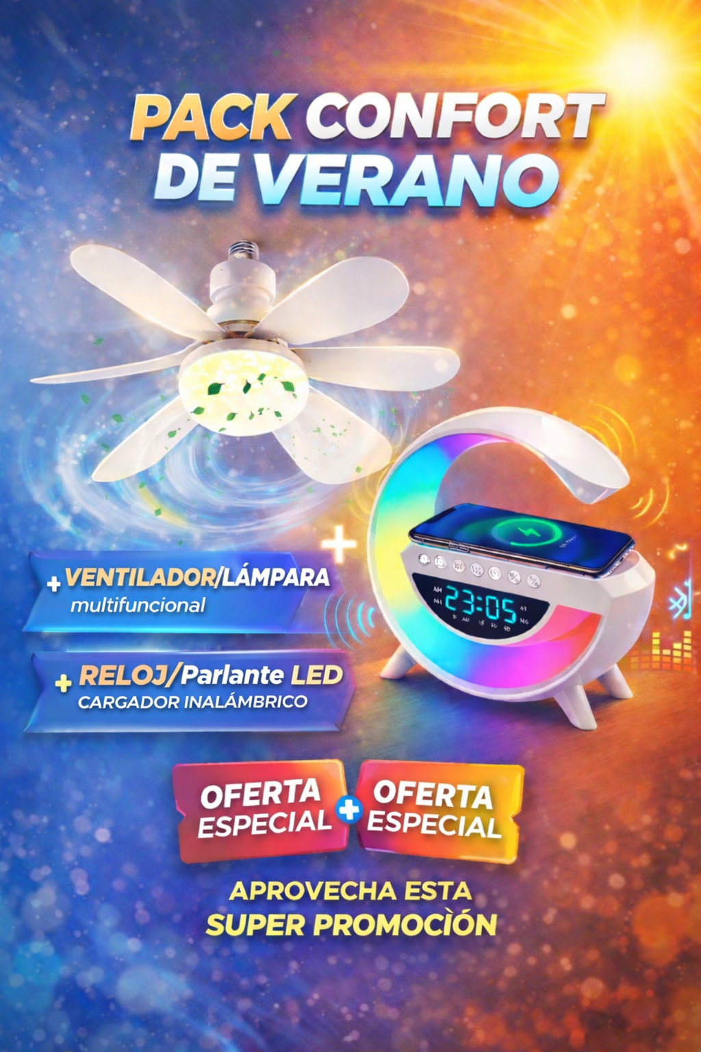 PACK CONFORT DE VERANO - Ventilampara Multifuncional 2 EN 1 + Lámpara Inteligente 6 EN 1