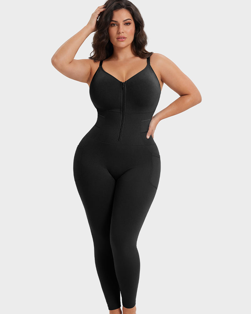 Tiefer V-Ausschnitt Reißverschluss vorne Ganzkörper-Shapewear