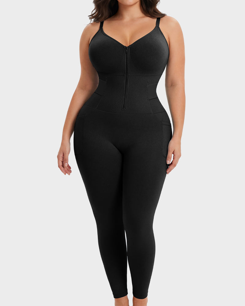 Tiefer V-Ausschnitt Reißverschluss vorne Ganzkörper-Shapewear