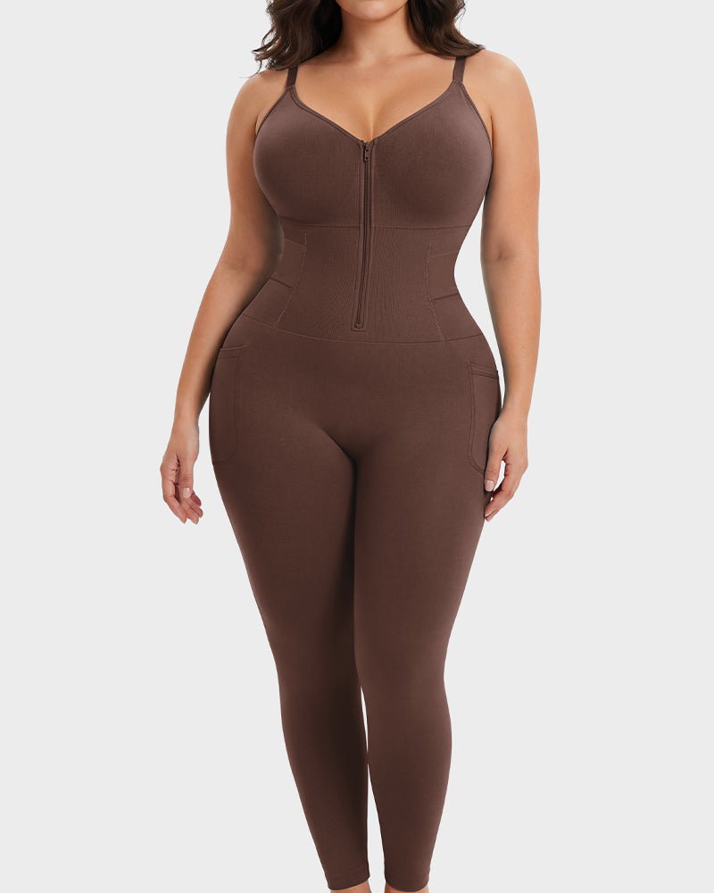 Tiefer V-Ausschnitt Reißverschluss vorne Ganzkörper-Shapewear