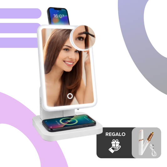 ESPEJO LED CON PARLANTE BLUETOOTH Y CARGA INALÁMBRICA + DEPILADOR DE CEJAS PORTÁTIL