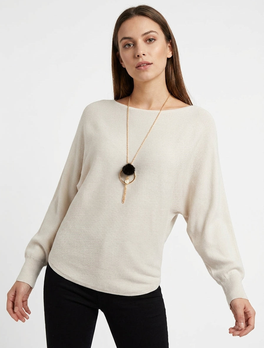 Gerippter Pullover mit Fledermausärmeln