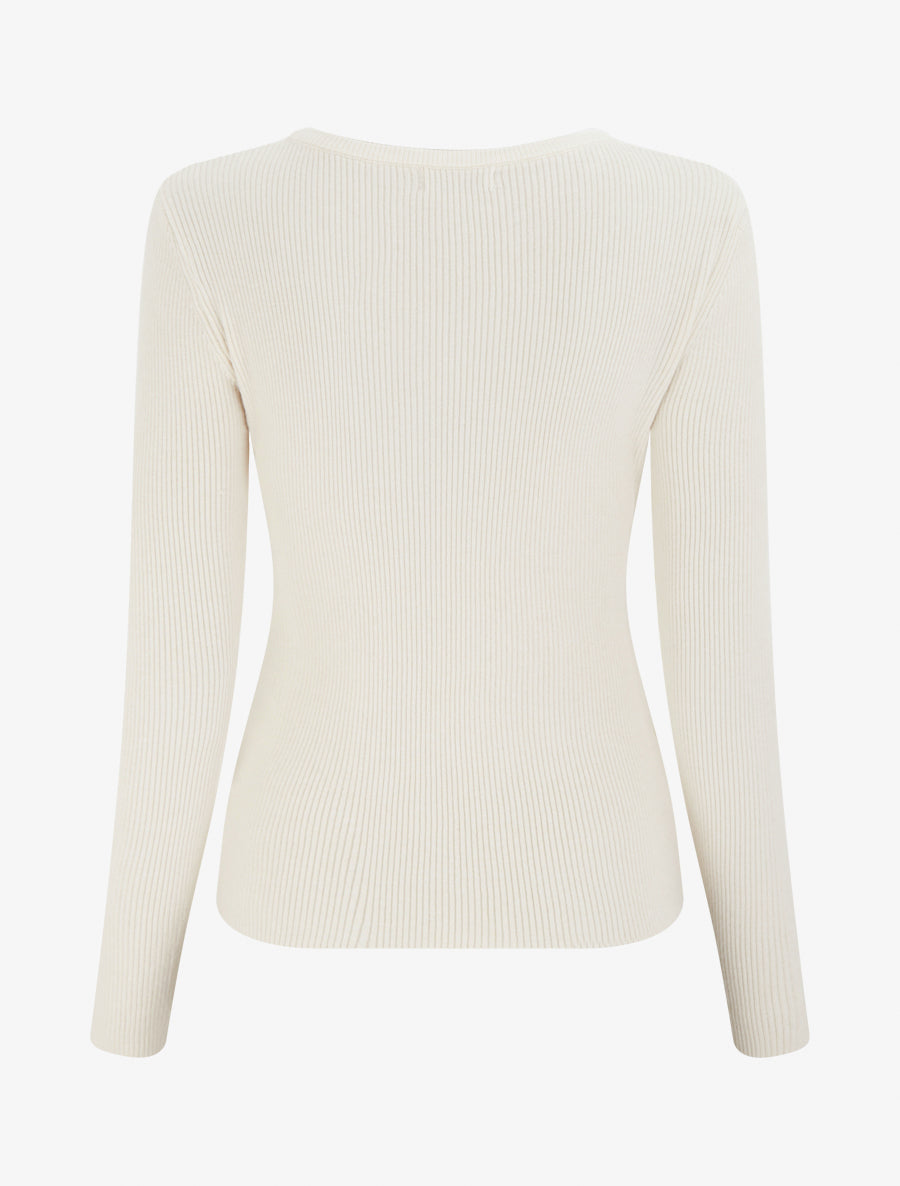 Pull côtelé col V bijou - Beige