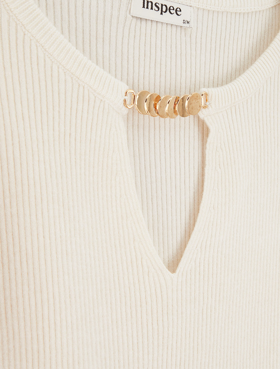 Pull côtelé col V bijou - Beige