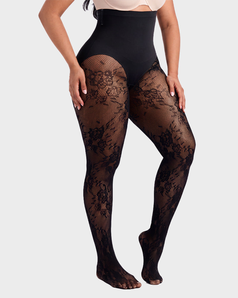 Hochgeschnittene Strumpfhose mit floraler Spitze und Shaping-Effekt