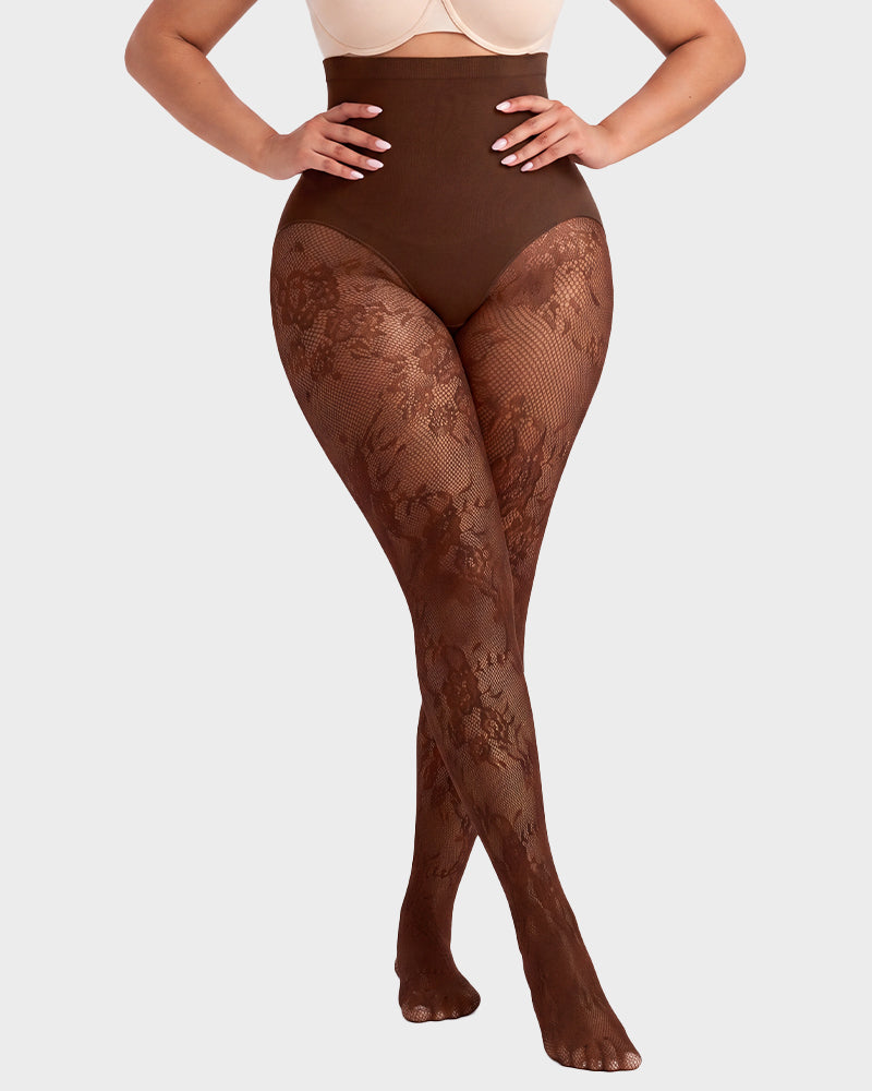 Hochgeschnittene Strumpfhose mit floraler Spitze und Shaping-Effekt