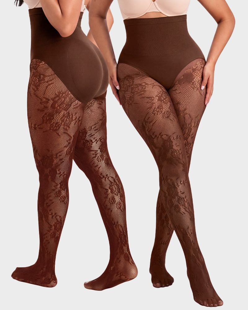 Hochgeschnittene Strumpfhose mit floraler Spitze und Shaping-Effekt