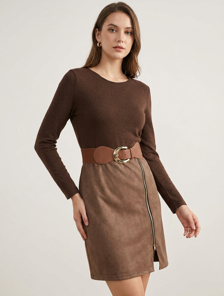 Gerades Kleid aus zwei Materialien mit Gürtel