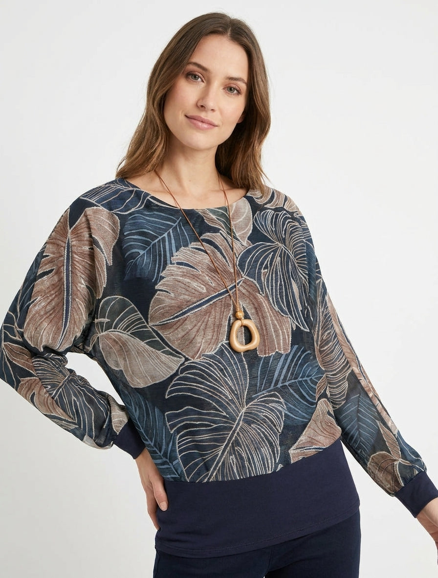 Transparentes Top mit Ballonschnitt und tropischem Print