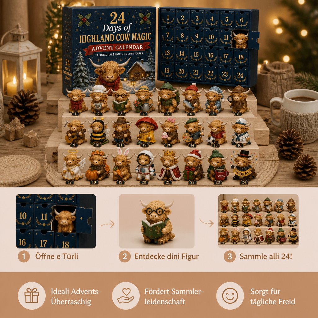 24-Tage-Adventskalender mit Highland-Rindern als sammelbare Mini-Figuren