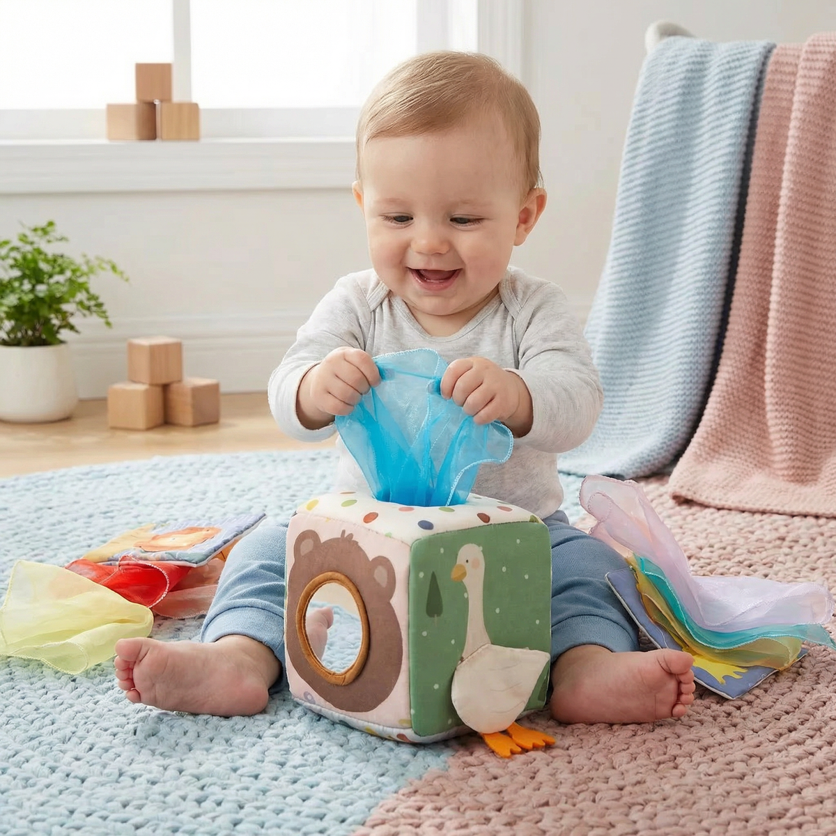 Montessori Sensorik-Box mit Tüchern für Babys – weiches Raschel- und Entdeckungsspielzeug
