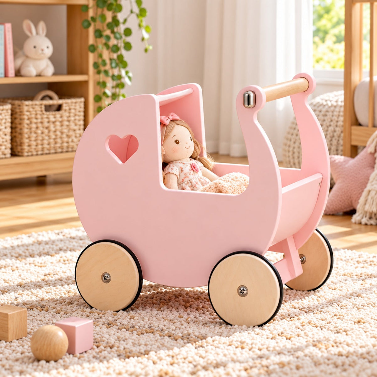 Hölzerner Puppenwagen-Lauflernwagen | 2-in-1 Birkenholz-Lauflernwagen und Puppenwagen – Rose