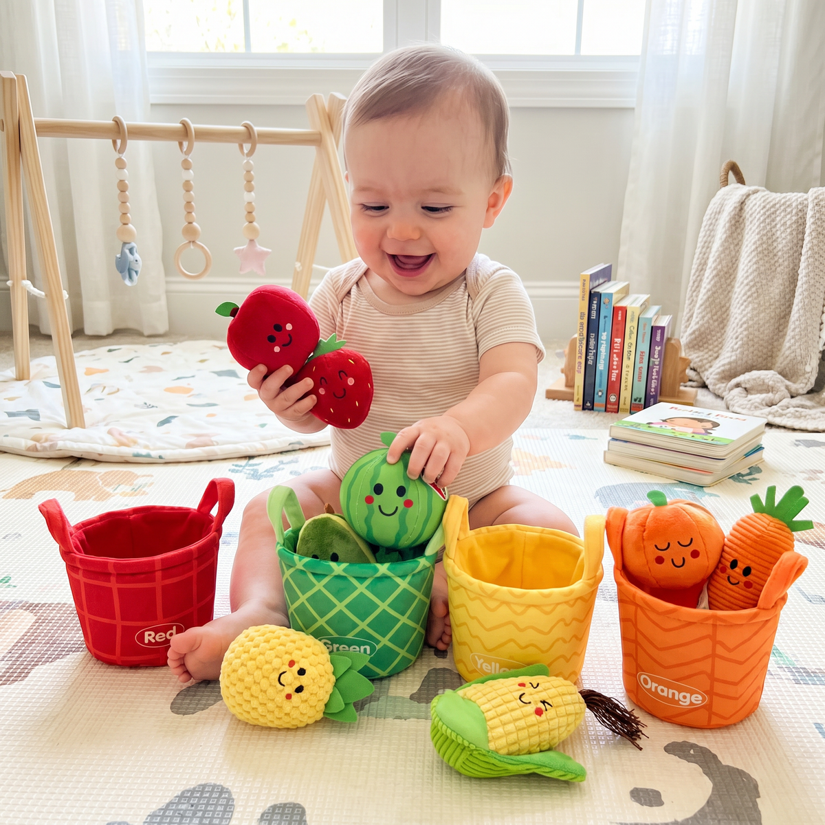 Weiches Obst- und Gemüse-Lernspielzeug für Babys – 4er-Set Farbsortierung mit Rassel und Knistereffekt