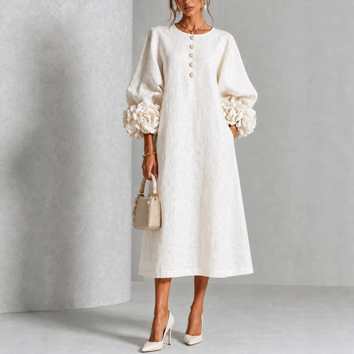 Theodosia Rosetten-Manschetten Knopf Midi-Kleid