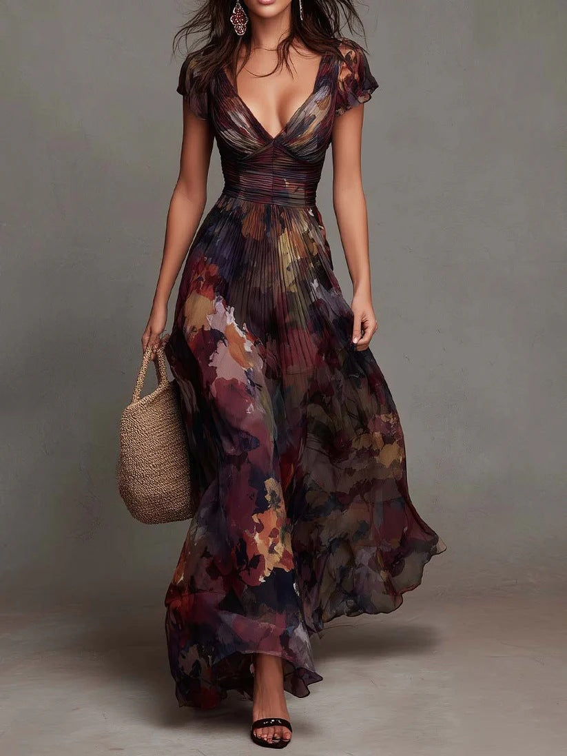 Maxikleid mit Aquarell-Blumendruck, plissiertem V-Ausschnitt