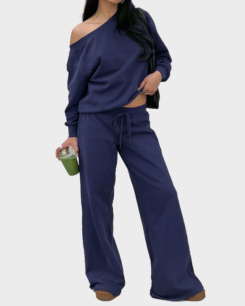Off-Shoulder Wide-Leg 2-teiliges Sweatsuit