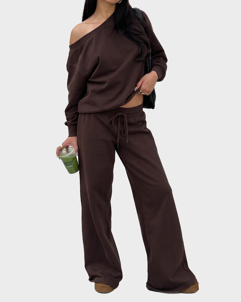 Off-Shoulder Wide-Leg 2-teiliges Sweatsuit