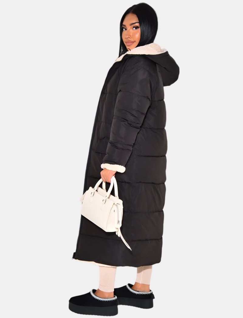 Wendbare Damen-Steppjacke mit Kapuze, lange Länge