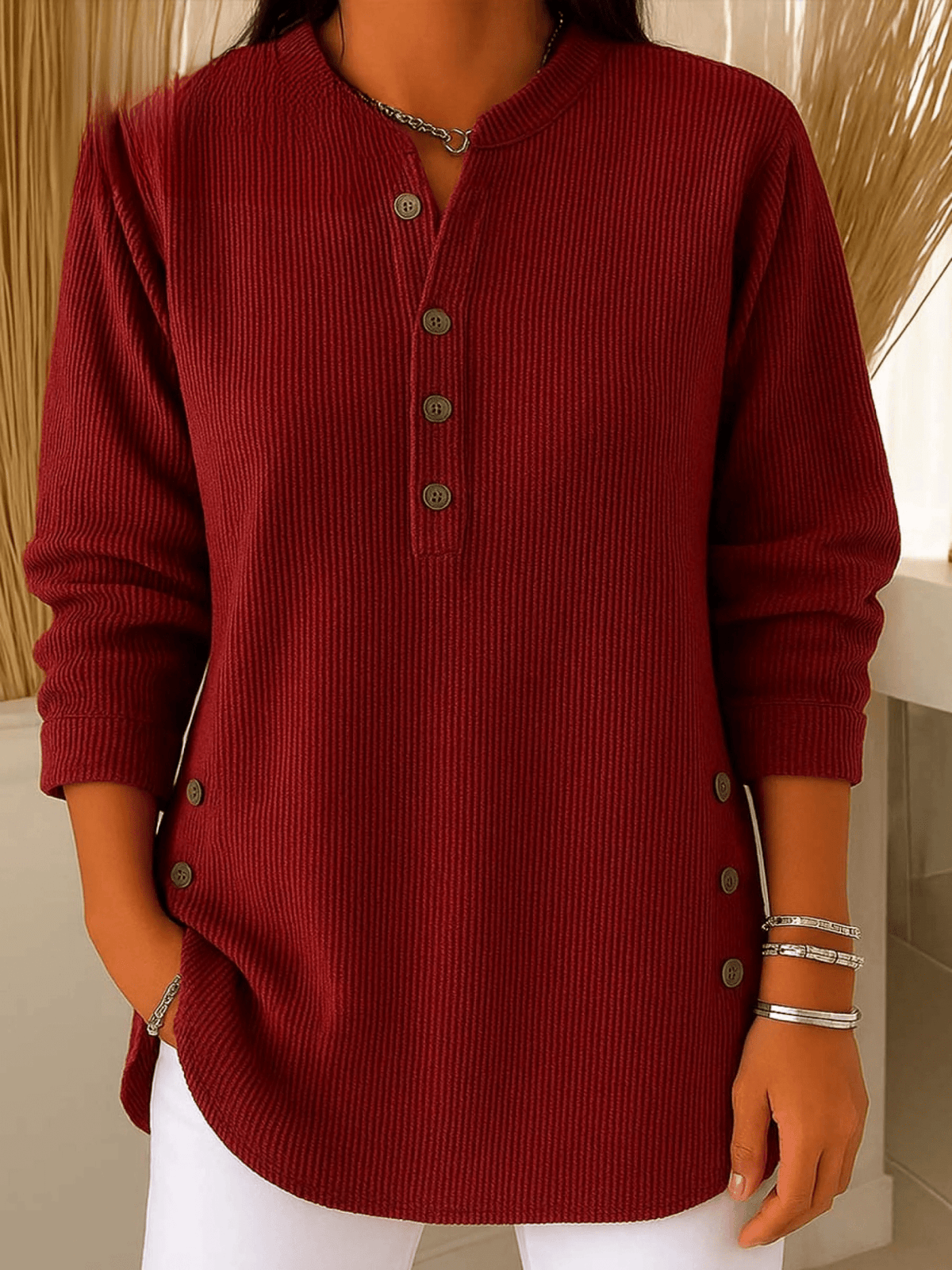 Geripptes Tunika-Top mit Henley-Ausschnitt und seitlichem Knopfdetail