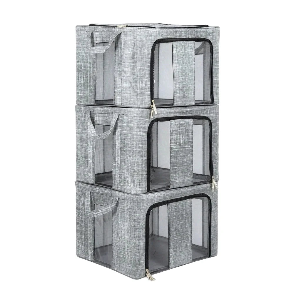 3/6er Pack 66L Große Aufbewahrungsbox für Kleidung mit Metallrahmen, Sichtfenster, Faltbare Boxen