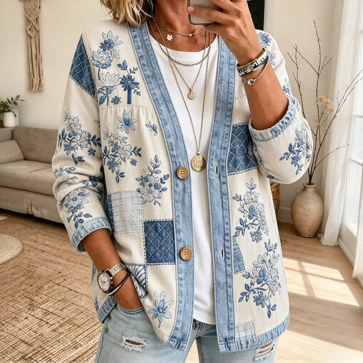 Kragenlose Cardigan in Soft-Denim-Optik mit Knopfleiste