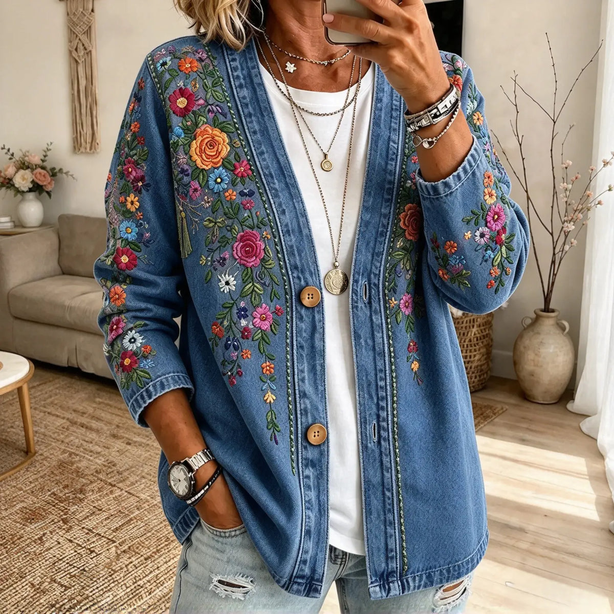 Kragenlose Cardigan in Soft-Denim-Optik mit Knopfleiste