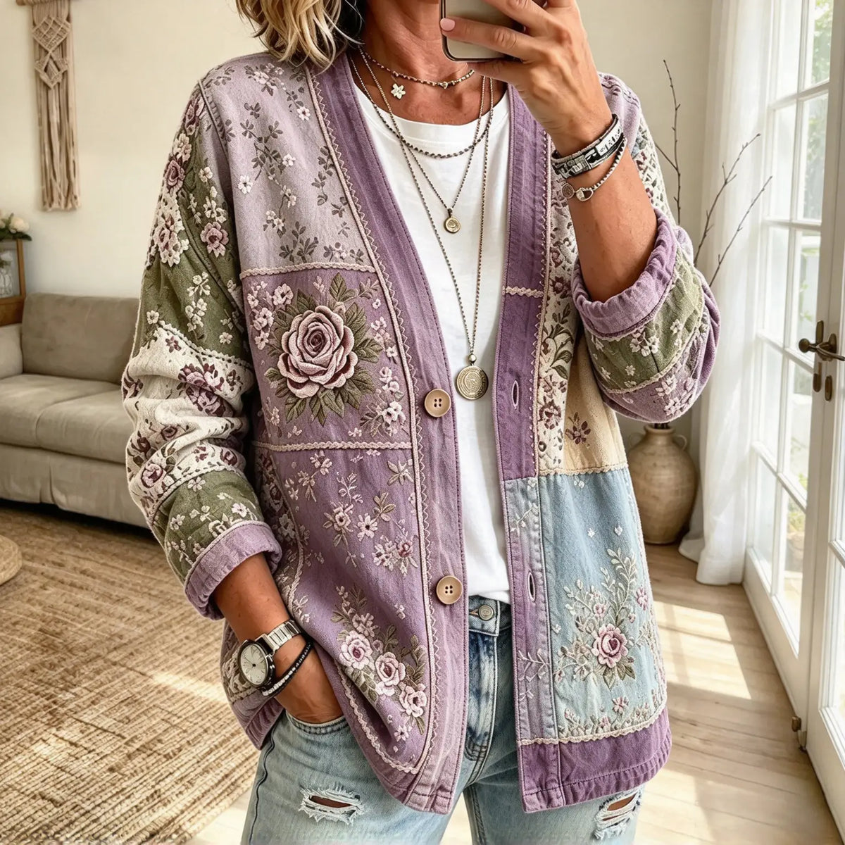 Kragenlose Cardigan in Soft-Denim-Optik mit Knopfleiste