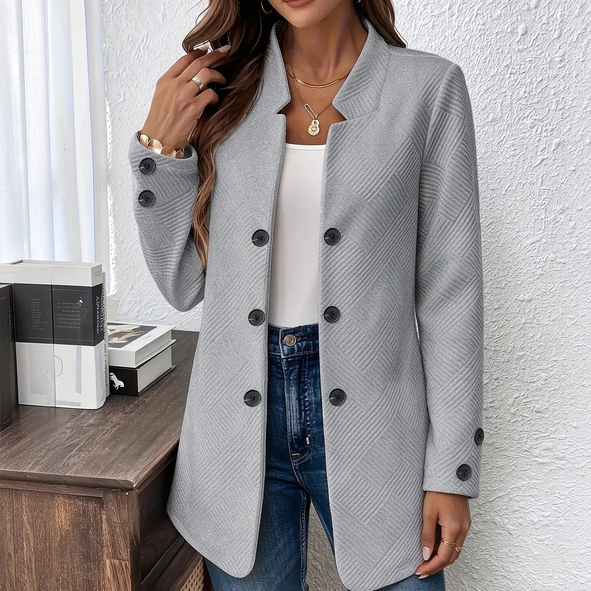 Damen Langarm Blazer Freizeitjacke mit Tasche