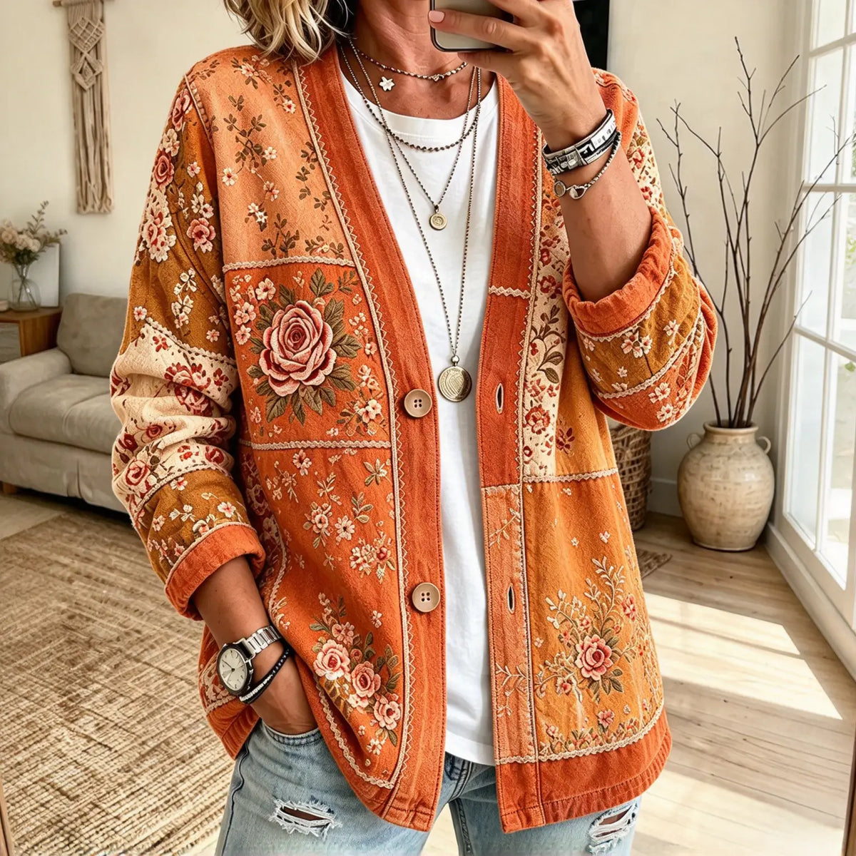 Kragenlose Cardigan in Soft-Denim-Optik mit Knopfleiste