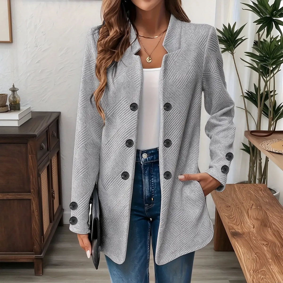 Damen Langarm Blazer Freizeitjacke mit Tasche