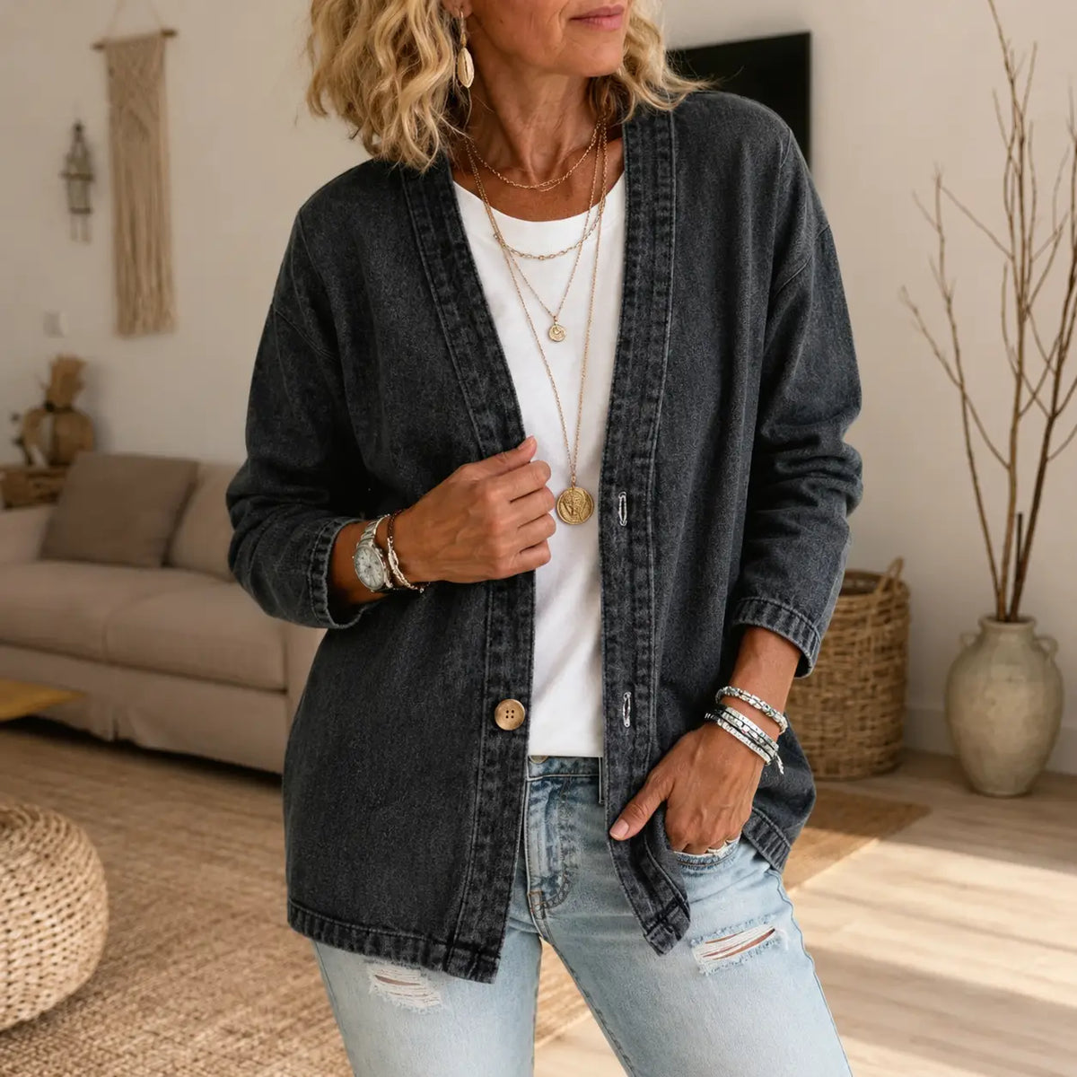 Kragenlose Cardigan in Soft-Denim-Optik mit Knopfleiste