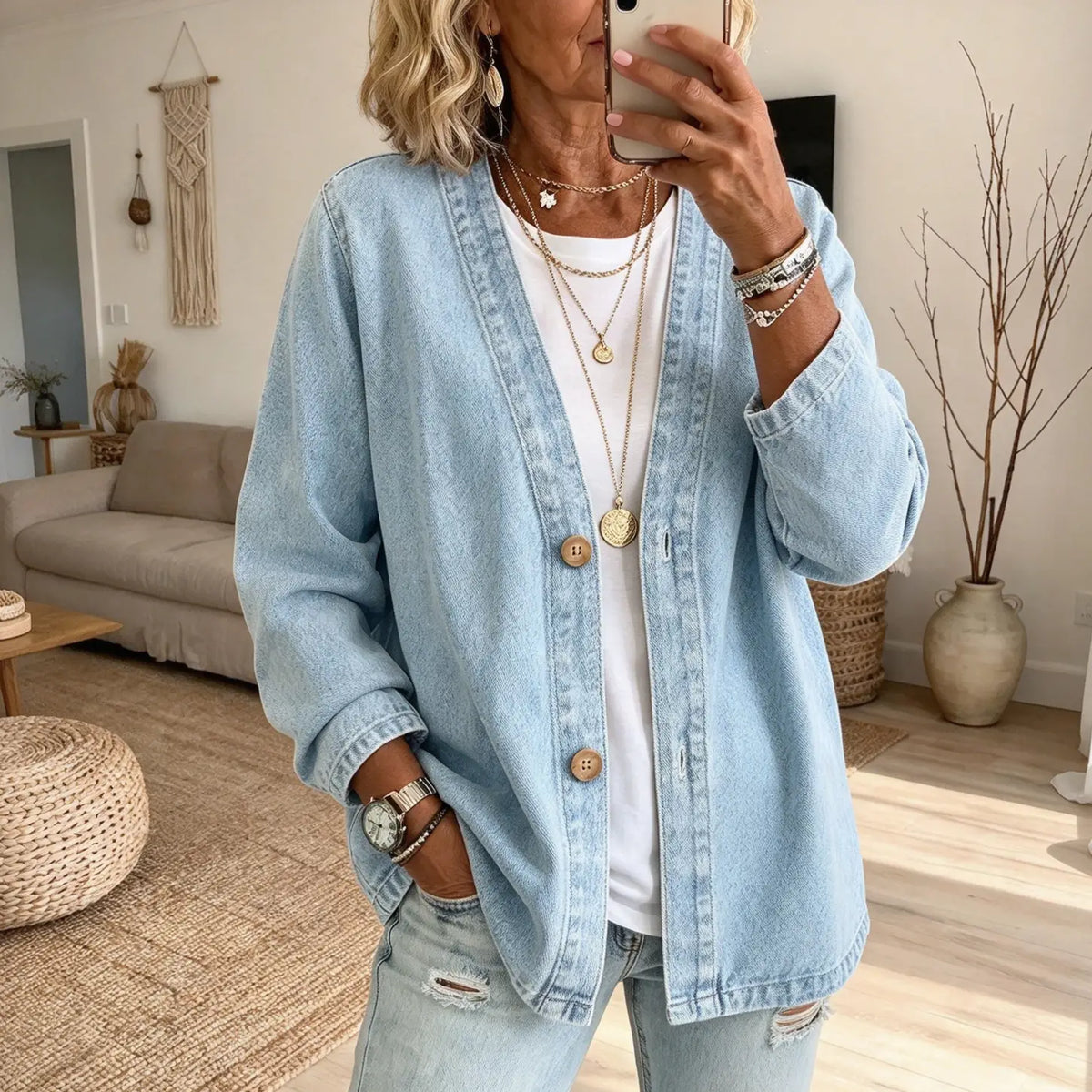 Kragenlose Cardigan in Soft-Denim-Optik mit Knopfleiste