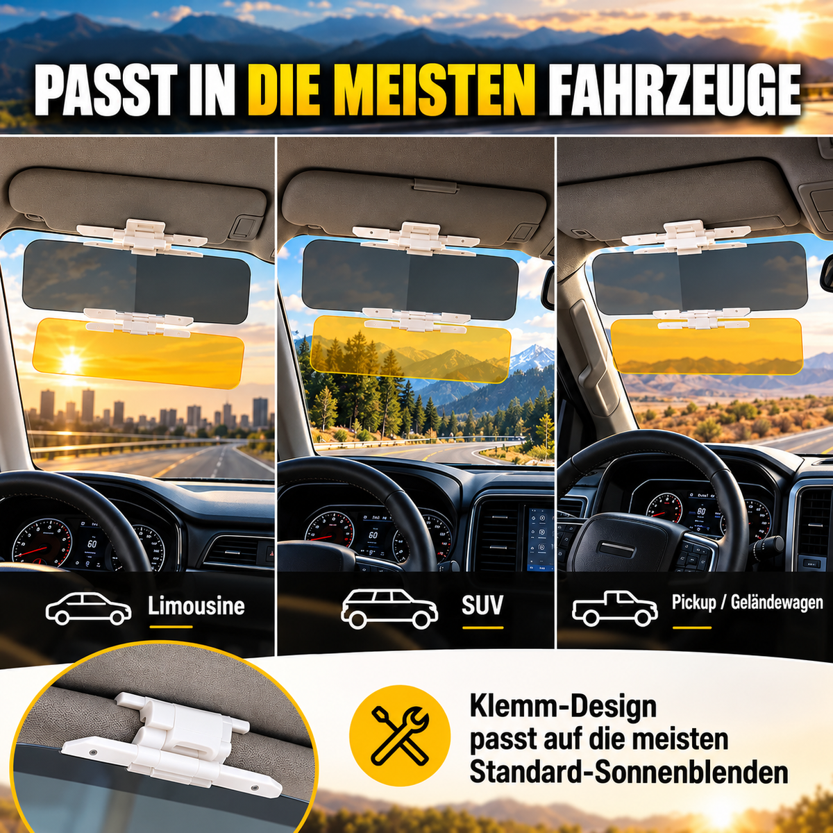 Universelle HD-Antiblend-Sonnenblende fürs Auto – Tag und Nacht