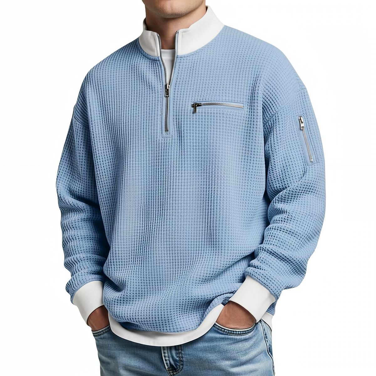 Pullover Herren | Waffelgestrickter Pullover mit halbem Reißverschluss