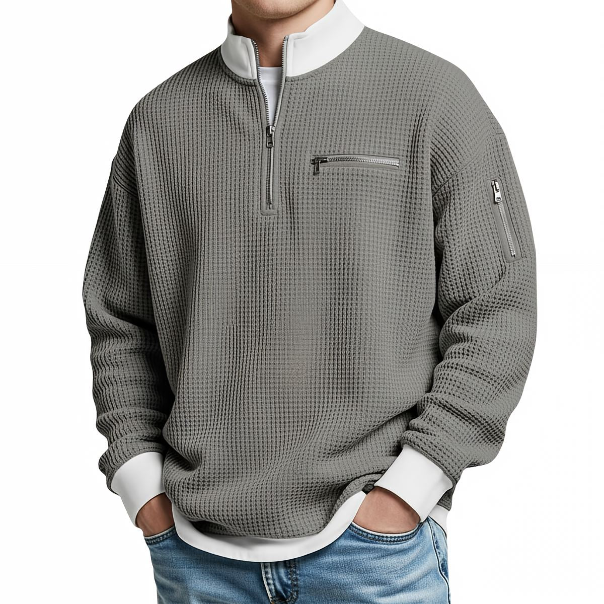 Pullover Herren | Waffelgestrickter Pullover mit halbem Reißverschluss