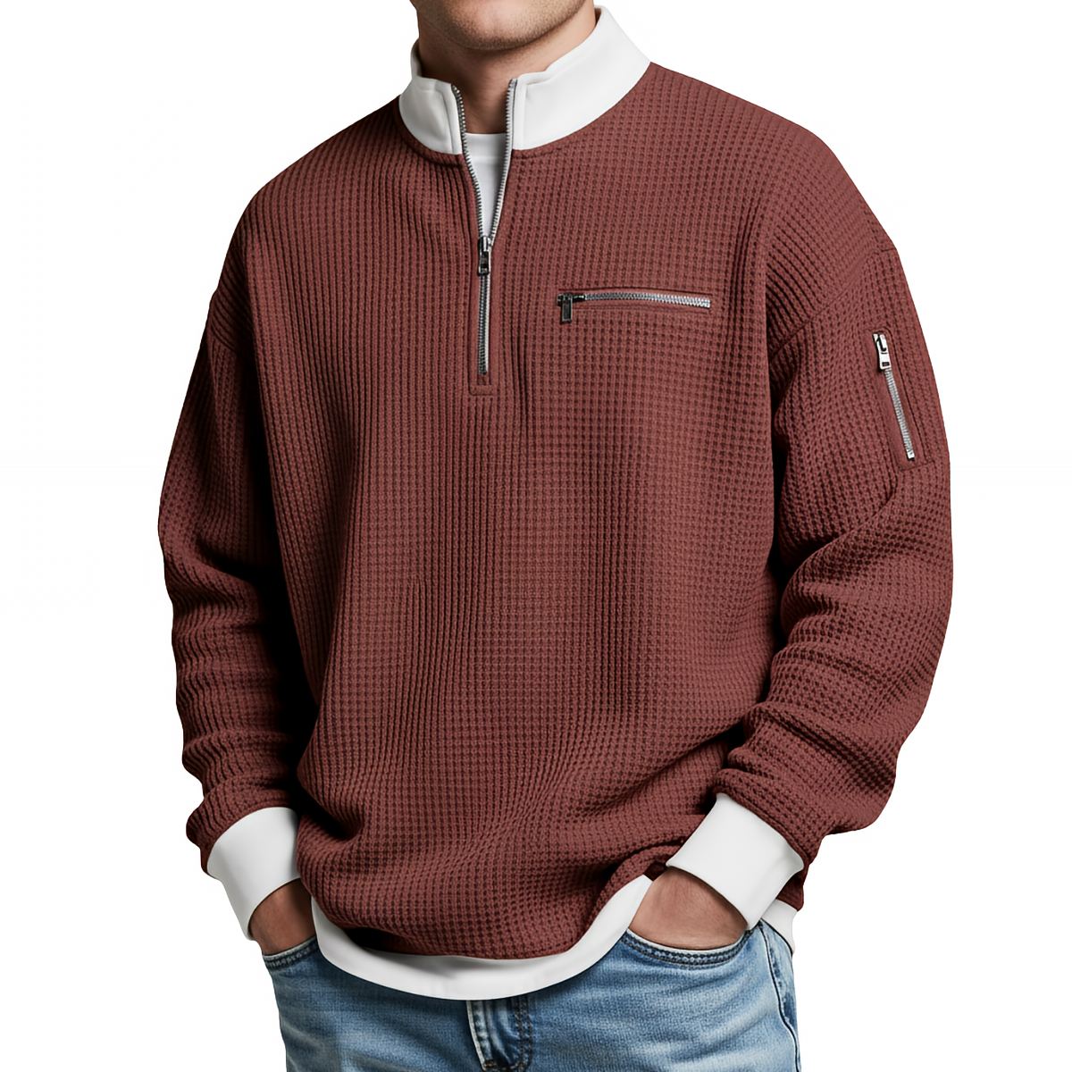 Pullover Herren | Waffelgestrickter Pullover mit halbem Reißverschluss