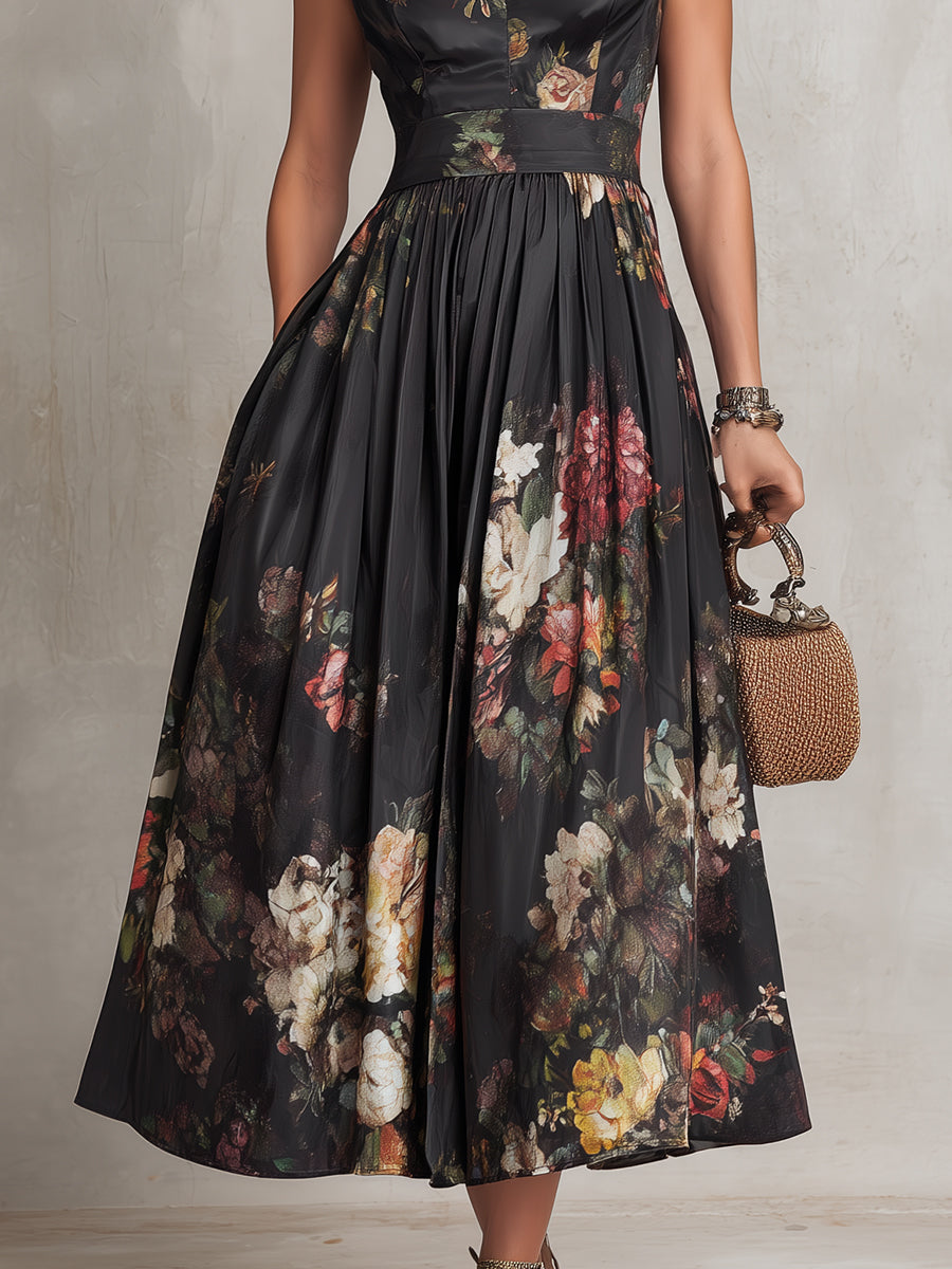 Schwarzes Midi-Kleid aus Satin mit Schlüssellochkragen und Blumen-Faltenrock