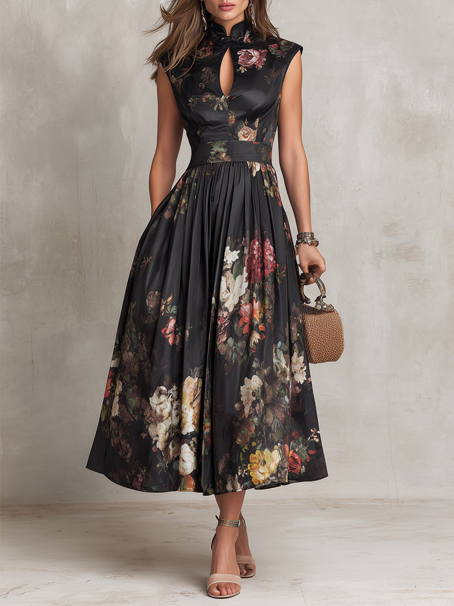 Schwarzes Midi-Kleid aus Satin mit Schlüssellochkragen und Blumen-Faltenrock