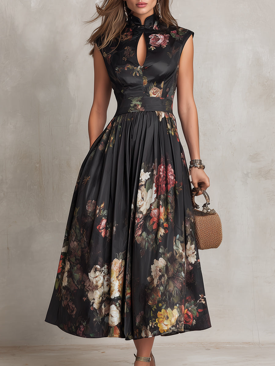 Schwarzes Midi-Kleid aus Satin mit Schlüssellochkragen und Blumen-Faltenrock