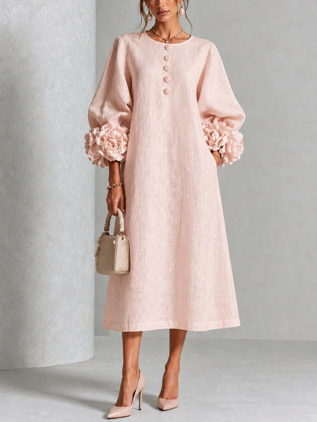 Theodosia Rosetten-Manschetten Knopf Midi-Kleid