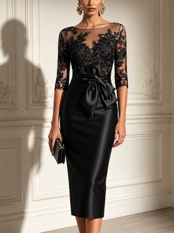 Schwarzes Spitzen-Tüll-Ärmel-Schleifen-Satin-Midikleid