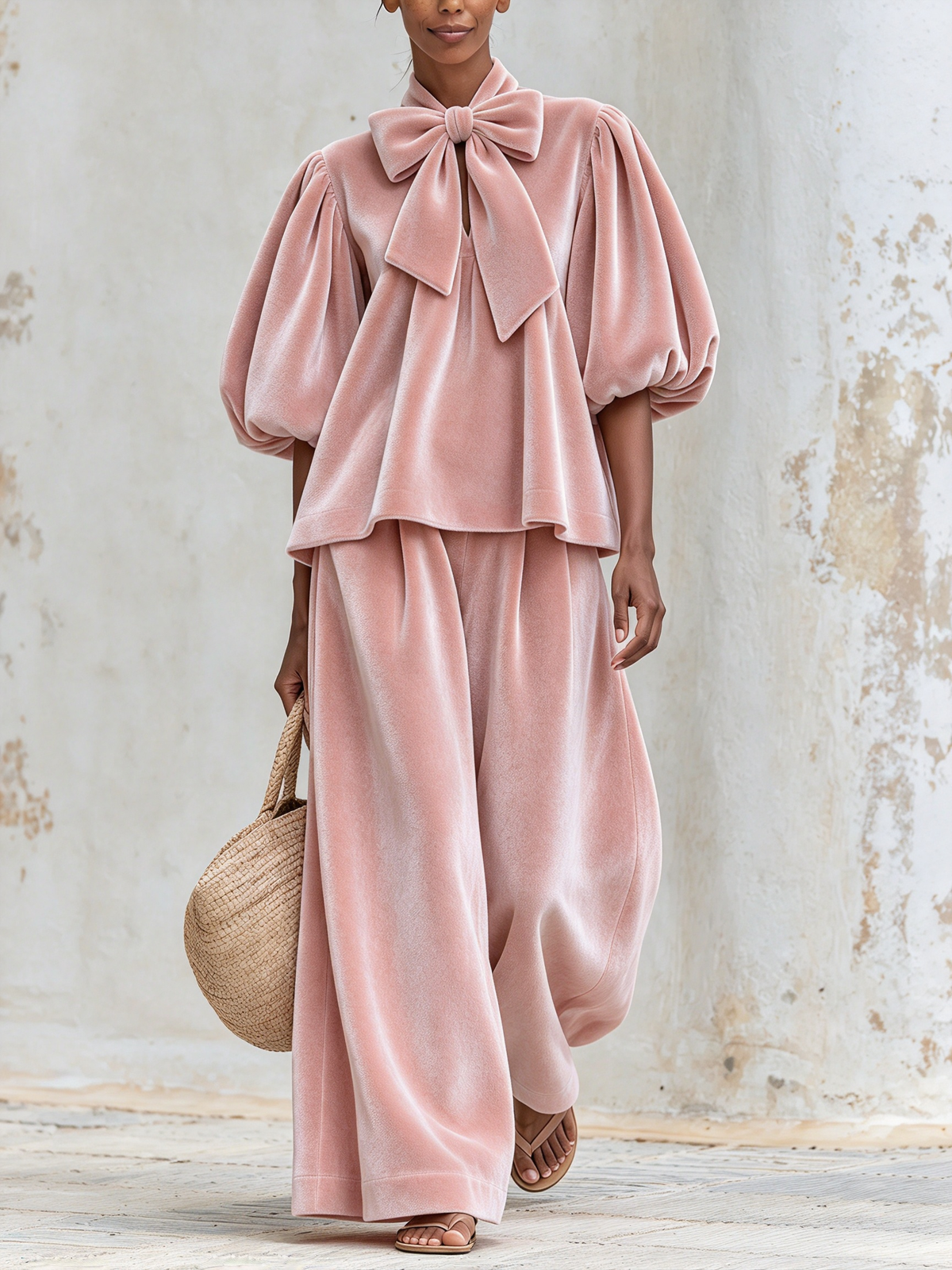 Blush Pink Top mit Schleifenkragen und Puffärmeln und Hose mit weitem Bein Zweiteiler-Set
