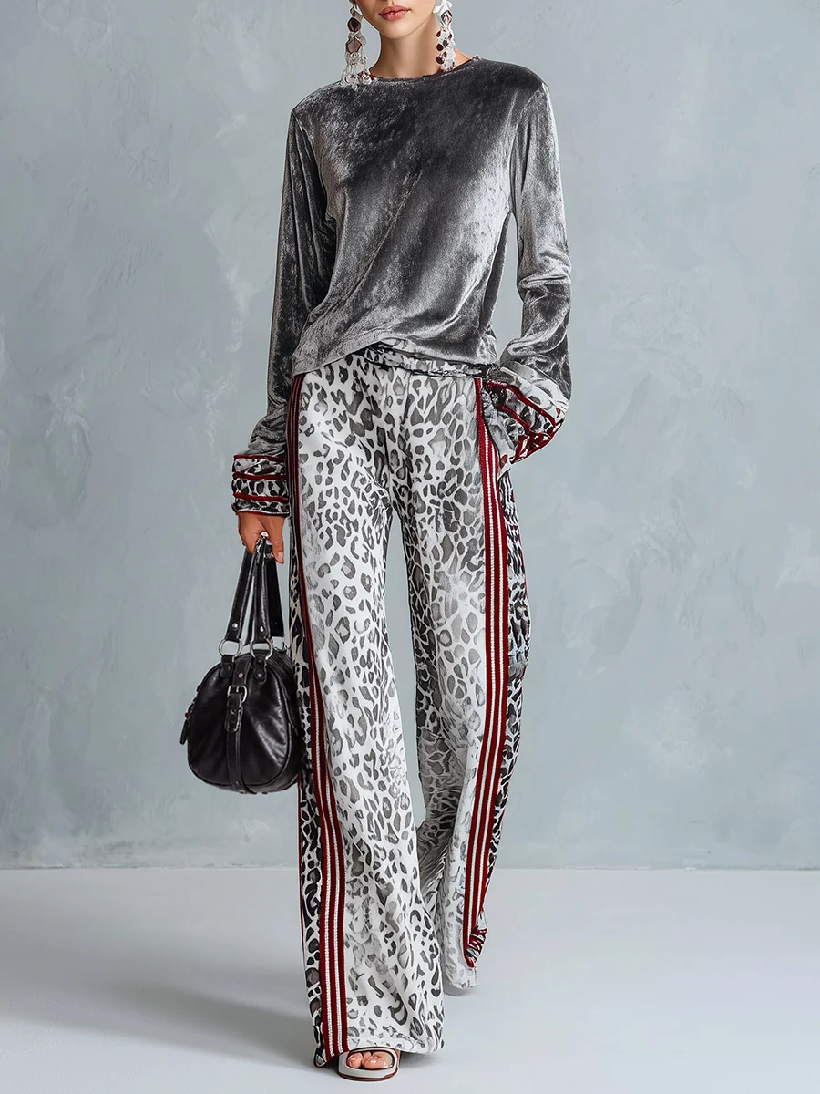 Silbernes Samt-Top & Leopardenmuster Weite Hose Set