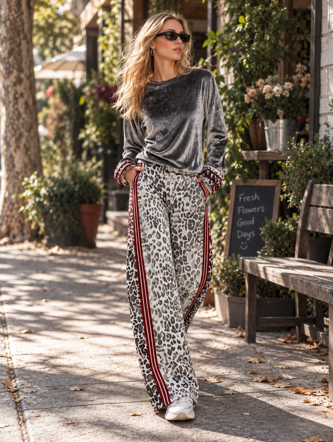 Silbernes Samt-Top & Leopardenmuster Weite Hose Set