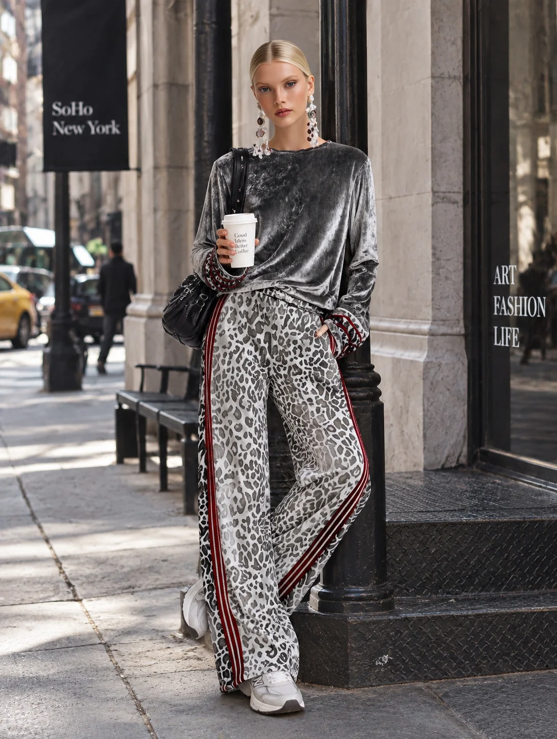 Silbernes Samt-Top & Leopardenmuster Weite Hose Set